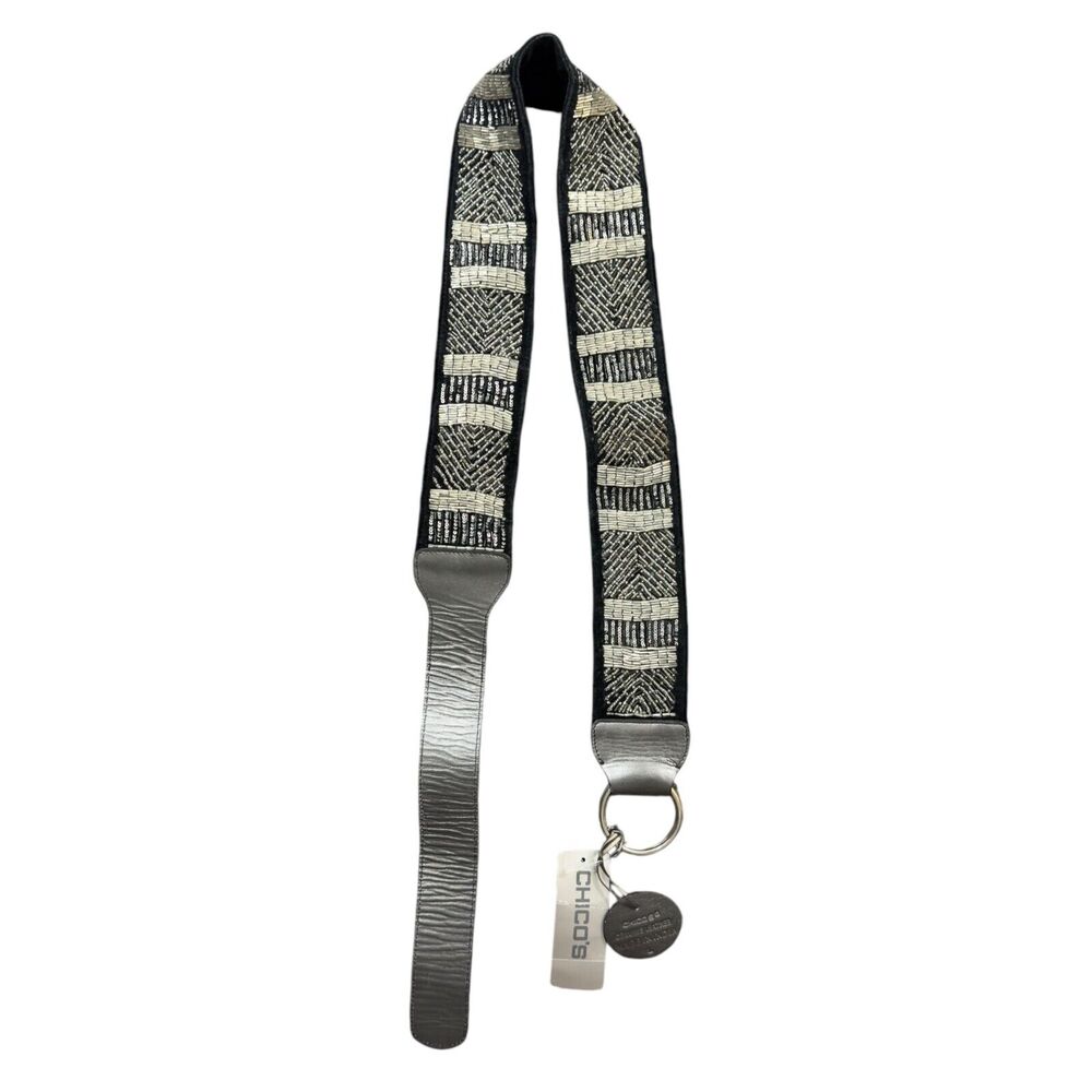 Chicos Luminous Slouch Belt Women Large Black Genuine Leather Beaded Embellished